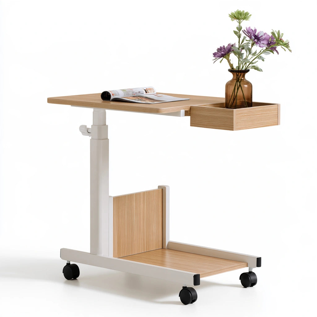 Table de lit réglable en bois sur roulettes, coloris brun clair