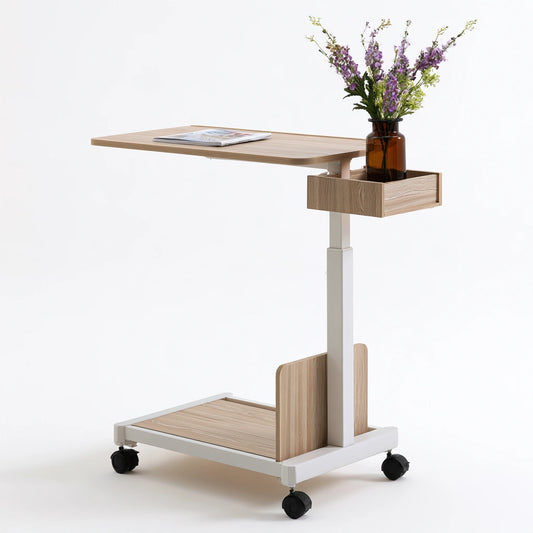 Table de lit réglable en bois sur roulettes, coloris brun clair