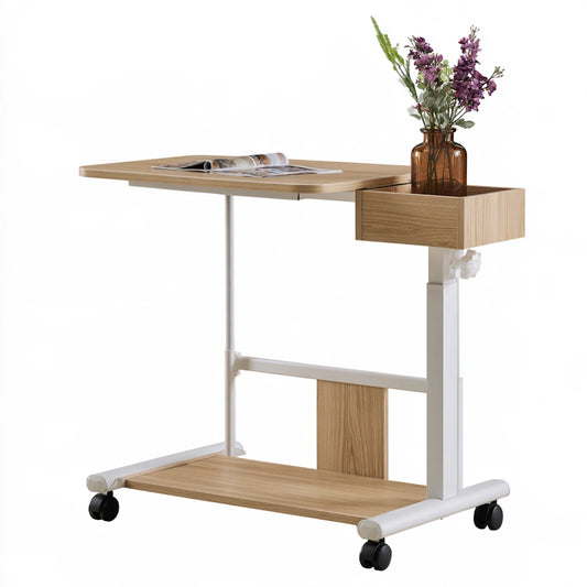 Table de lit réglable en bois sur roulettes, coloris brun clair